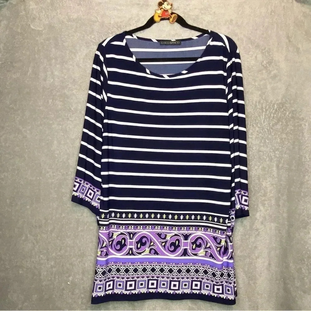 COCO Bianco 1X Top Shirt Navy Blue Striped Paisley Scoop Neck‎ Flare 3/4 Sleeve